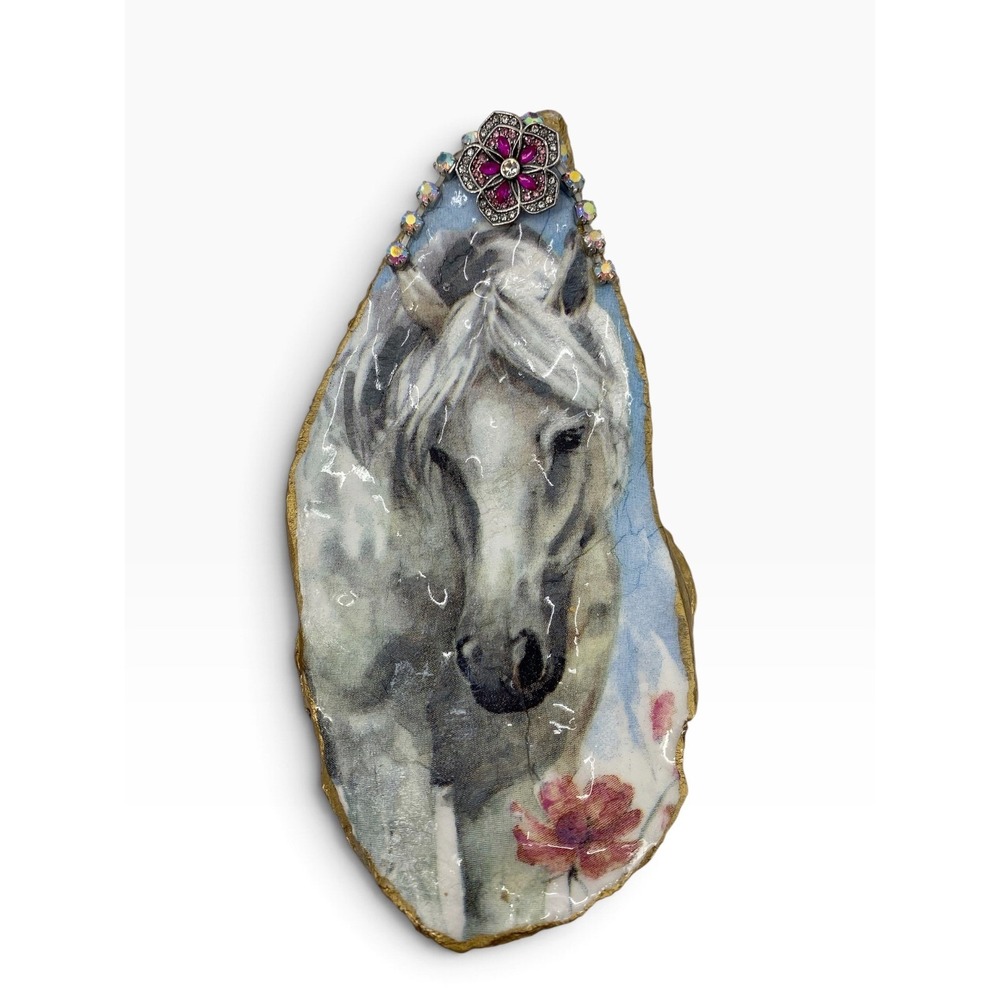 Handmade Decoupage Oyster Shell Art White Horse Equestrian Decor Gold Gilded